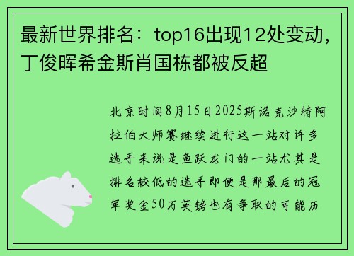 最新世界排名：top16出现12处变动，丁俊晖希金斯肖国栋都被反超
