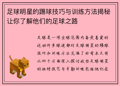 足球明星的踢球技巧与训练方法揭秘让你了解他们的足球之路